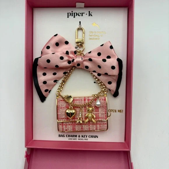 Piper K Bag Charm Key Chain Pink Tweed Purse Bow Gold Tone Cute Fun Accessory